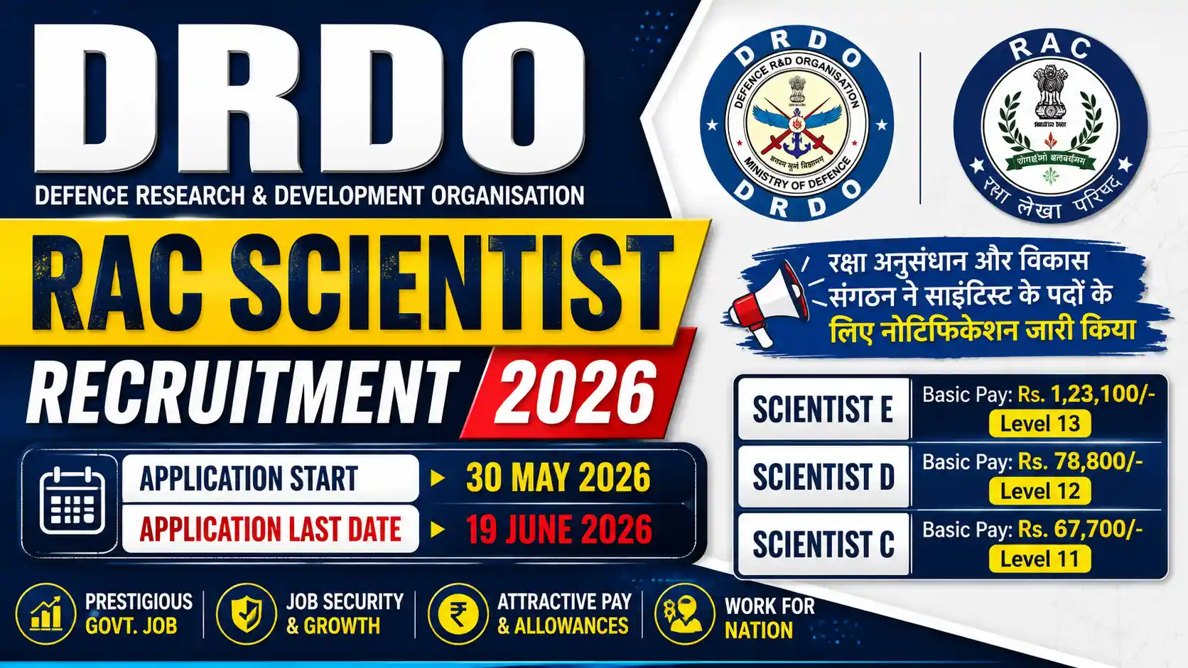 DRDO RAC Scientist Recruitment 2026 : रक्षा अनुसंधान और विकास संगठन ने 33 पदों के लिए नोटिफिकेशन जारी किया
