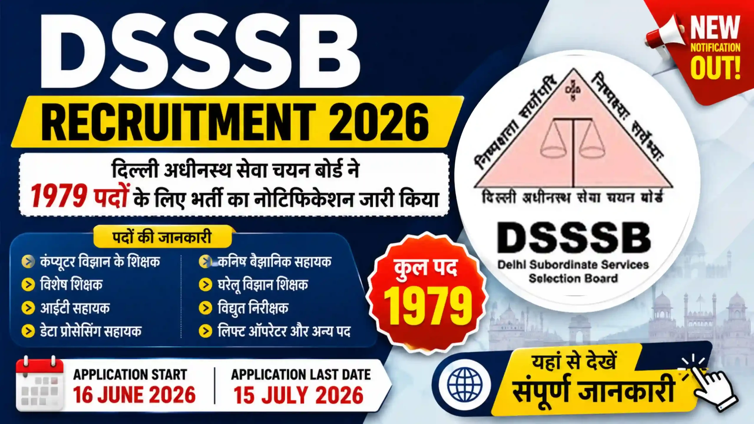 DSSSB Recruitment 2026 : दिल्ली अधीनस्थ सेवा चयन बोर्ड ने 1979 पदों के लिए भर्ती का नोटिफिकेशन जारी किया